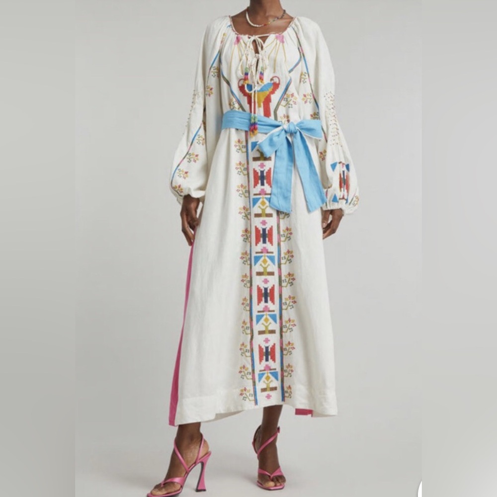 Farm Rio Macaw Tassel-Tie Embroidered Maxi Dres